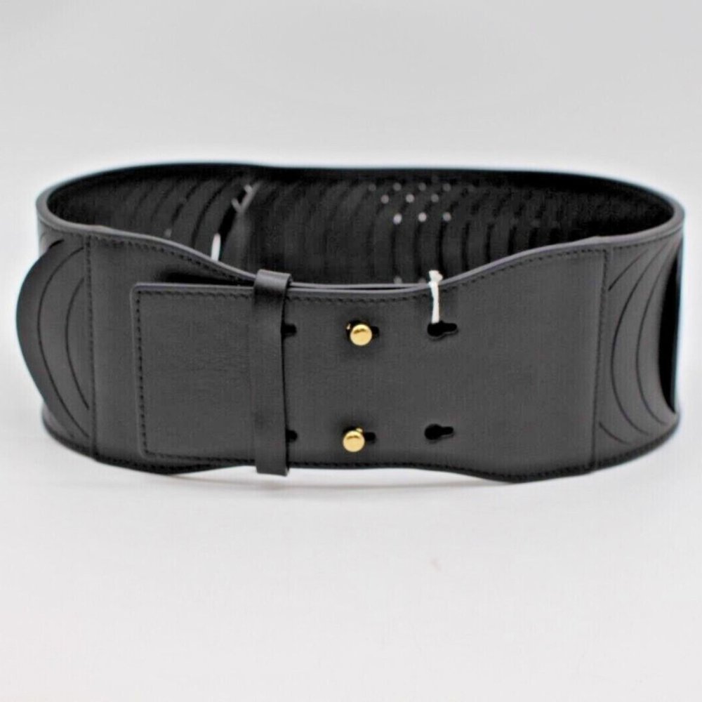 Salvatore Ferragamo Black Wide Leather Corset-Style Belt with Gold Studs